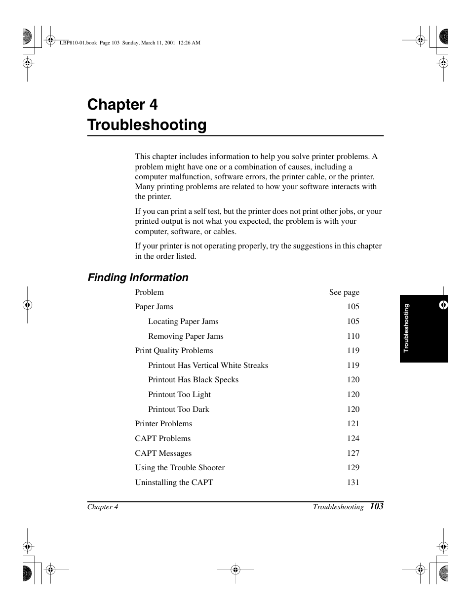 Troubleshooting, Finding information, Chapter 4 | Troubleshooting finding information, Chapter 4 troubleshooting | Canon LBP-810 User Manual | Page 119 / 180