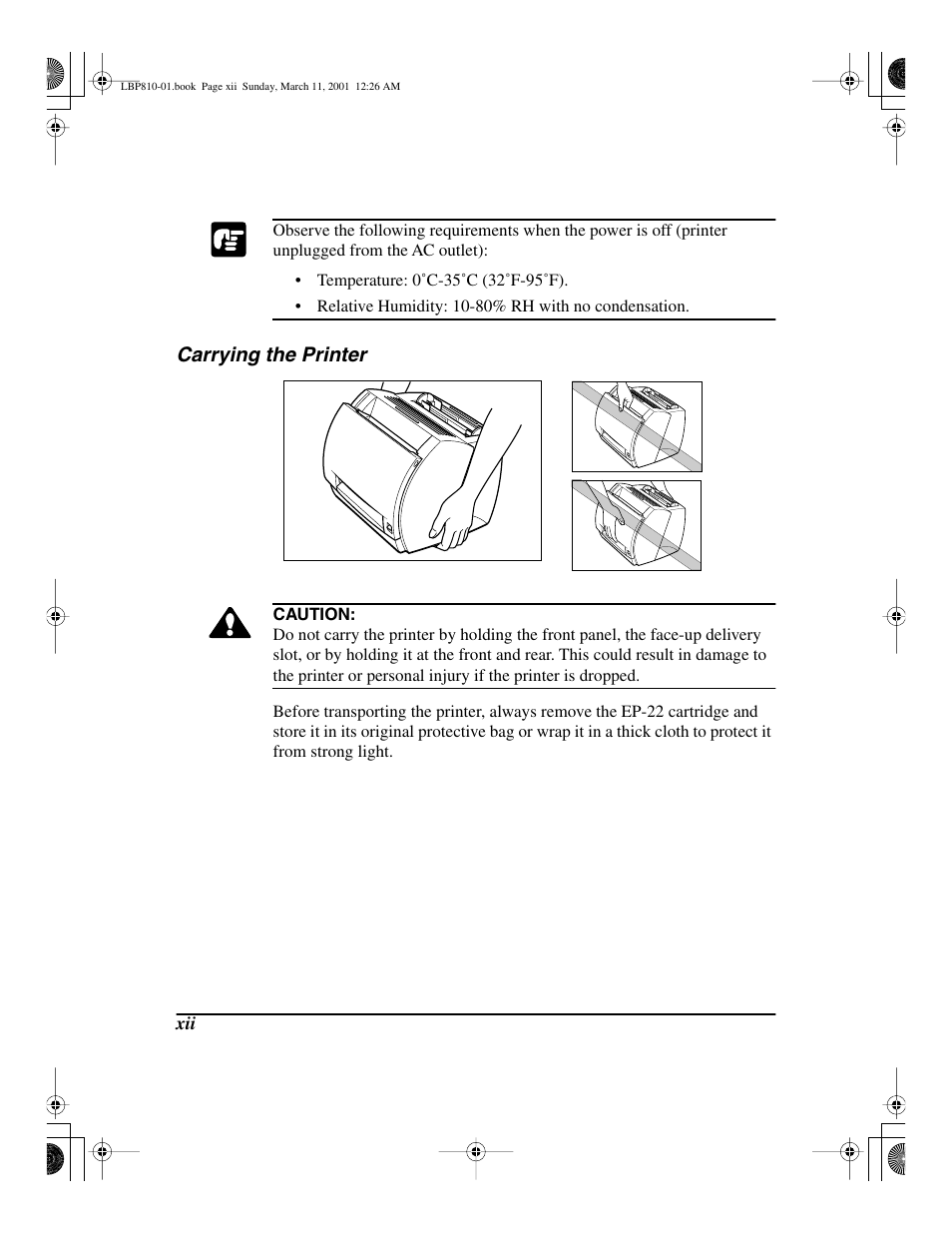 Carrying the printer | Canon LBP-810 User Manual | Page 12 / 180