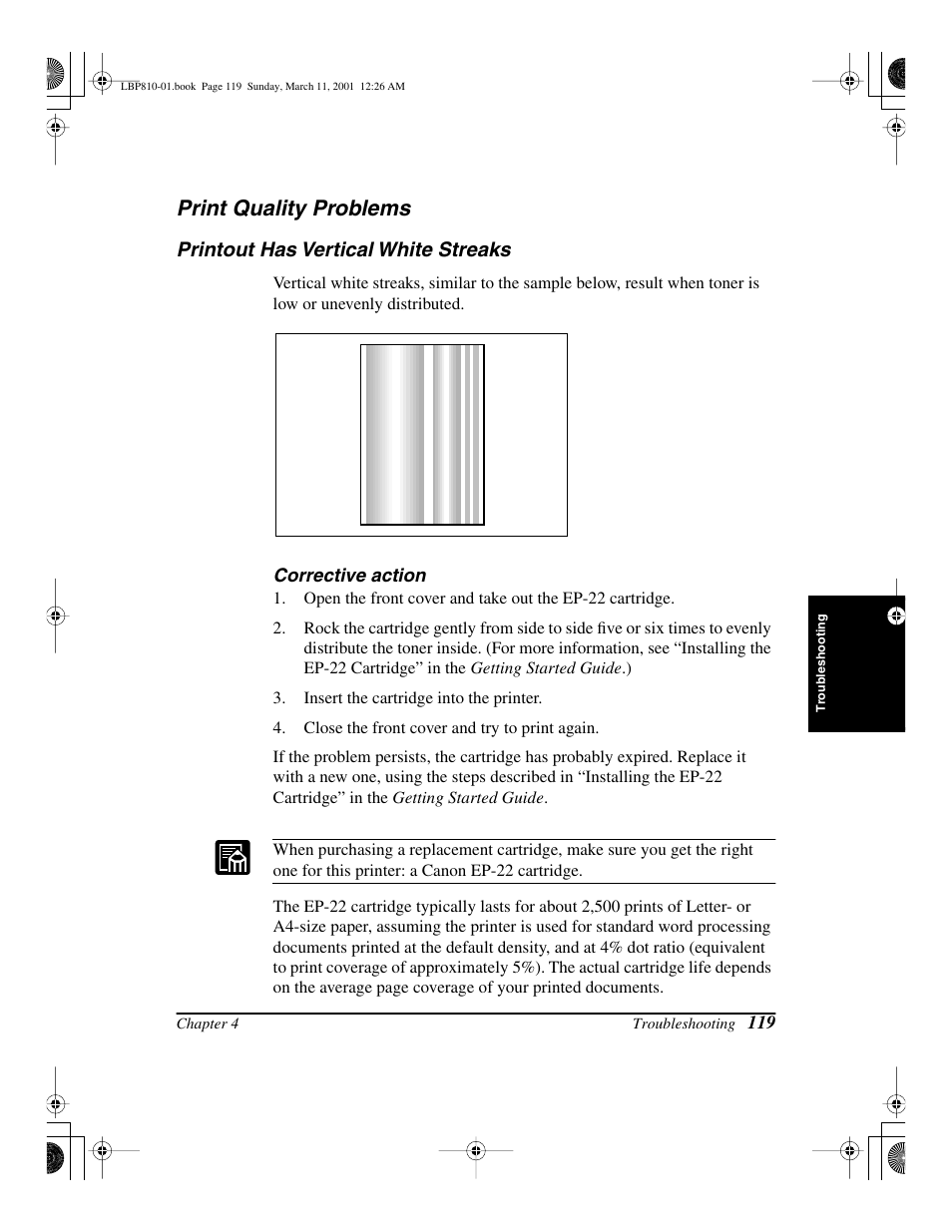 Print quality problems, Printout has vertical white streaks | Canon LBP-810 User Manual | Page 135 / 180