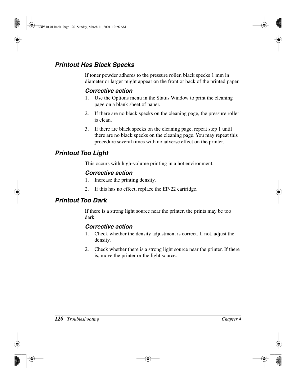 Printout has black specks, Printout too light, Printout too dark | Canon LBP-810 User Manual | Page 136 / 180