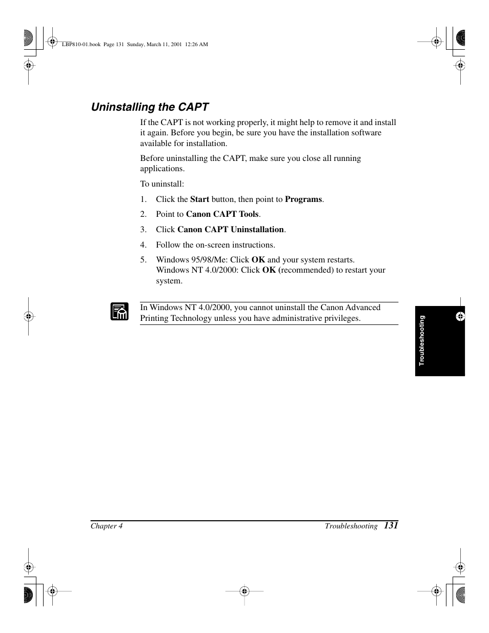 Uninstalling the capt | Canon LBP-810 User Manual | Page 147 / 180