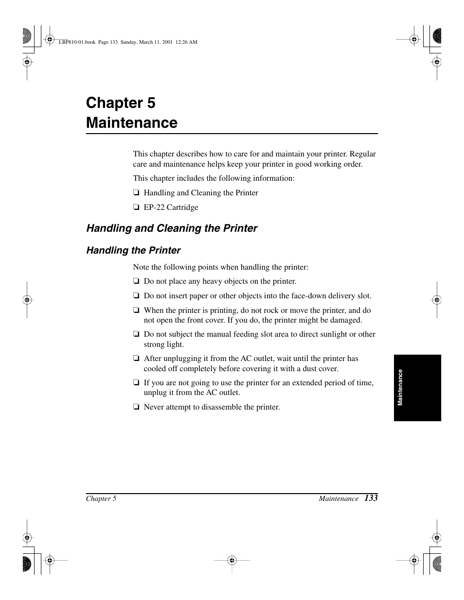 Maintenance, Handling and cleaning the printer, Handling the printer | Chapter 5, Maintenance handling and cleaning the printer, Chapter 5 maintenance | Canon LBP-810 User Manual | Page 149 / 180