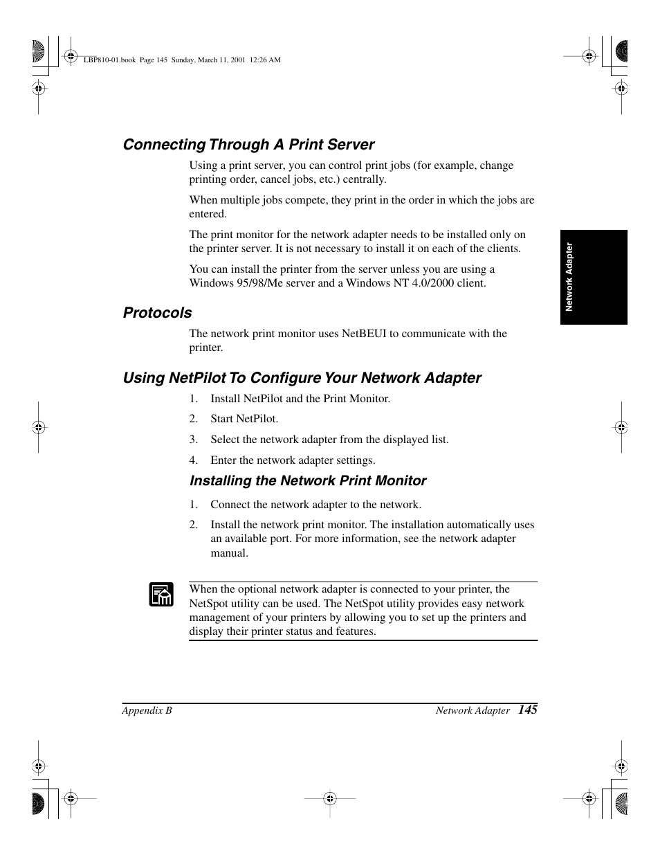 Connecting through a print server, Protocols, Using netpilot to configure your network adapter | Connecting through a print server protocols | Canon LBP-810 User Manual | Page 161 / 180