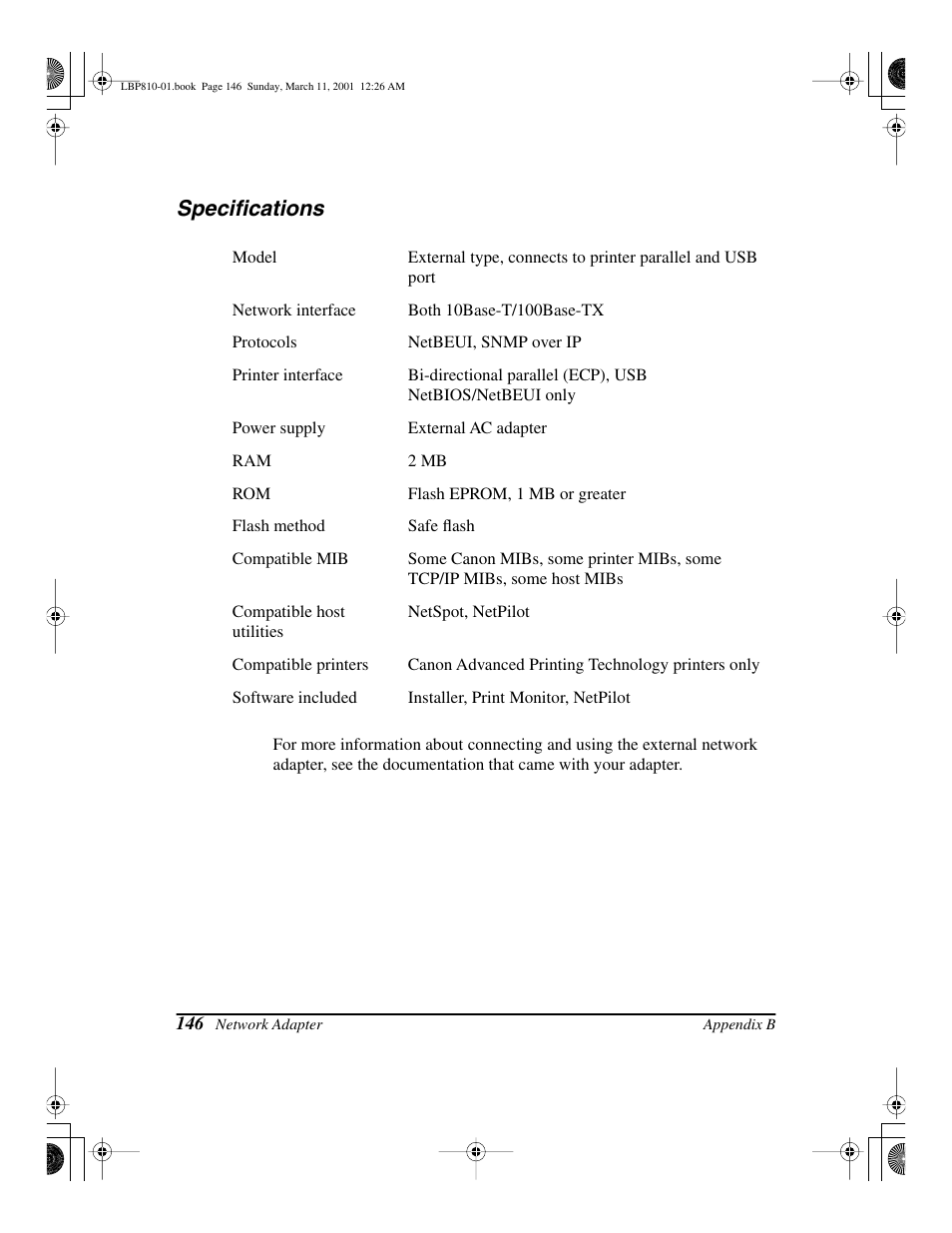 Specifications | Canon LBP-810 User Manual | Page 162 / 180