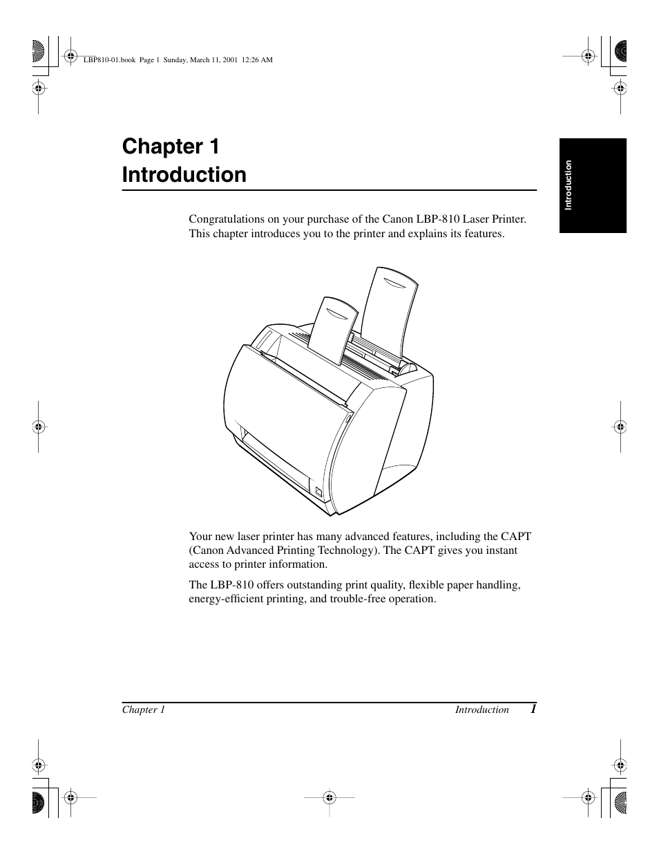 Introduction, Chapter 1, Chapter 1 introduction | Canon LBP-810 User Manual | Page 17 / 180