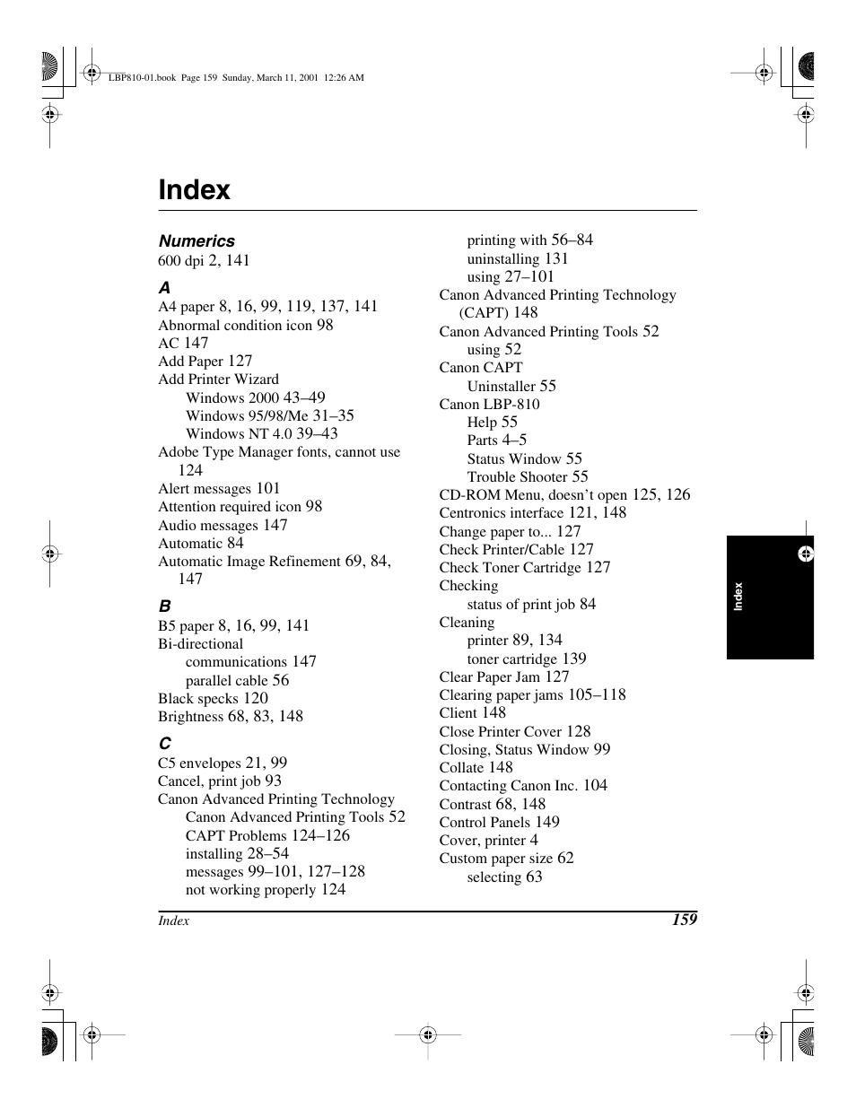 Index | Canon LBP-810 User Manual | Page 175 / 180