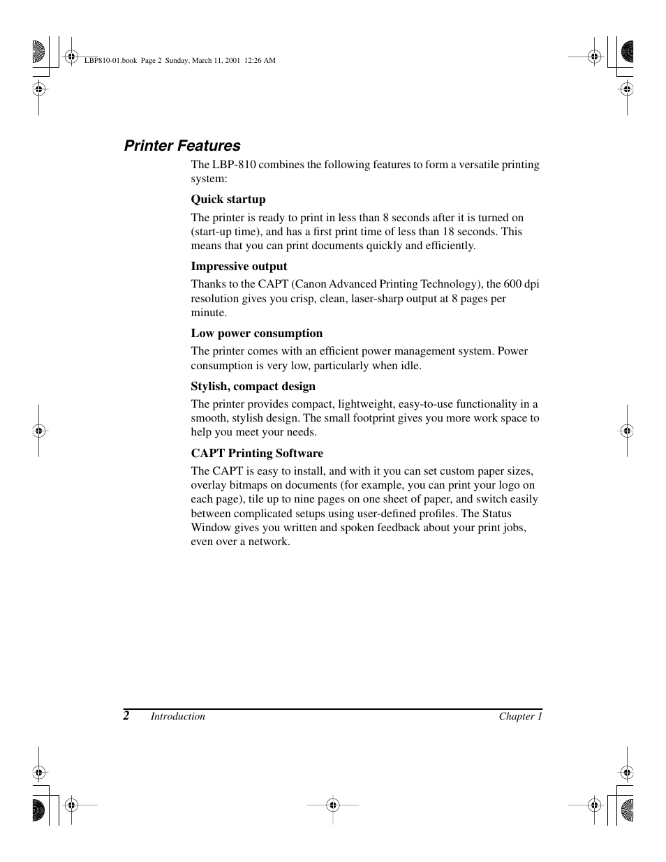 Printer features | Canon LBP-810 User Manual | Page 18 / 180