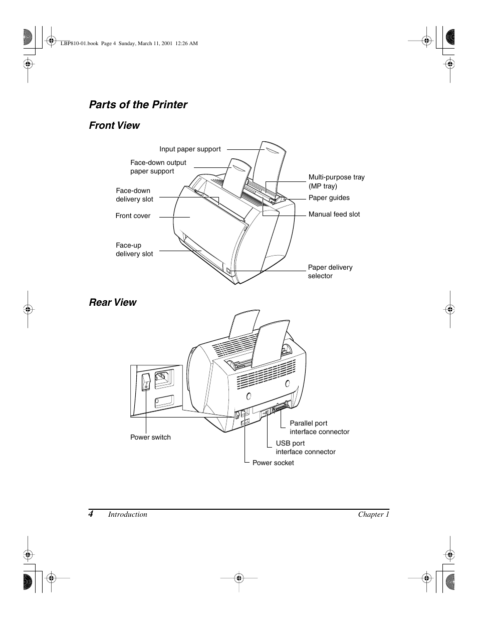 Parts of the printer, Front view, Rear view | Front view rear view | Canon LBP-810 User Manual | Page 20 / 180