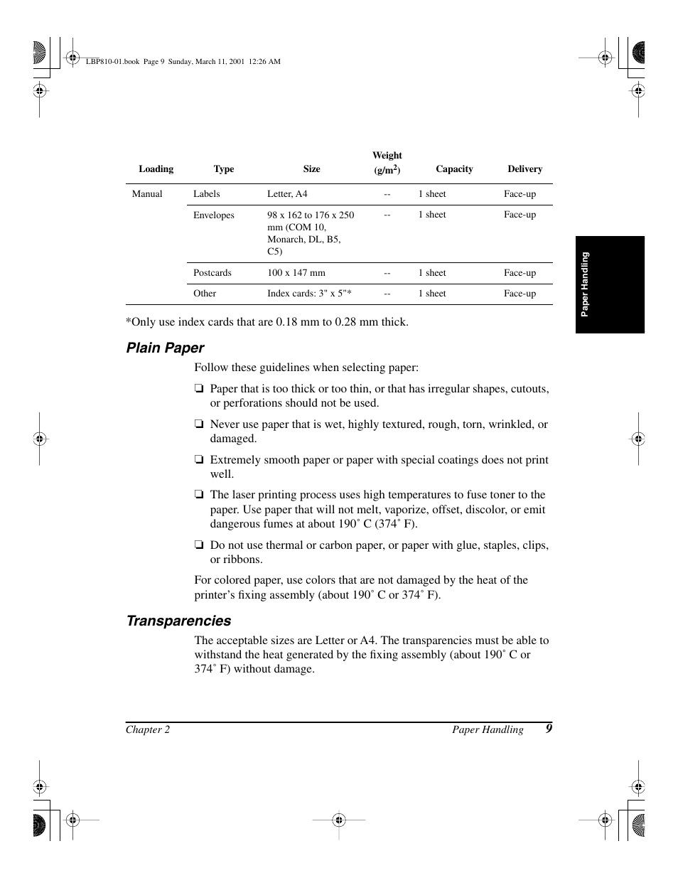 Plain paper, Transparencies, Plain paper transparencies | Canon LBP-810 User Manual | Page 25 / 180