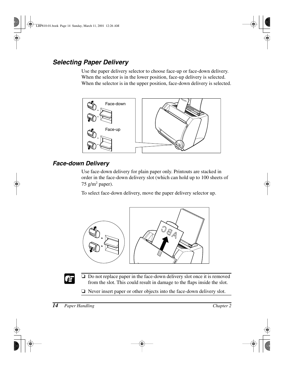 Selecting paper delivery, Face-down delivery | Canon LBP-810 User Manual | Page 30 / 180