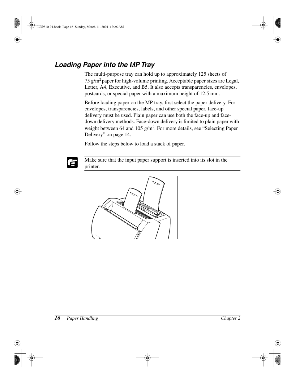 Loading paper into the mp tray | Canon LBP-810 User Manual | Page 32 / 180