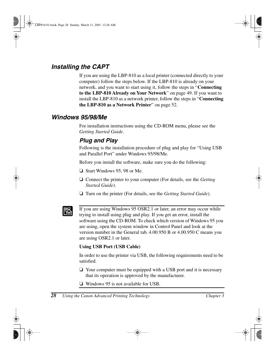 Installing the capt, Windows 95/98/me, Plug and play | Installing the capt windows 95/98/me | Canon LBP-810 User Manual | Page 44 / 180