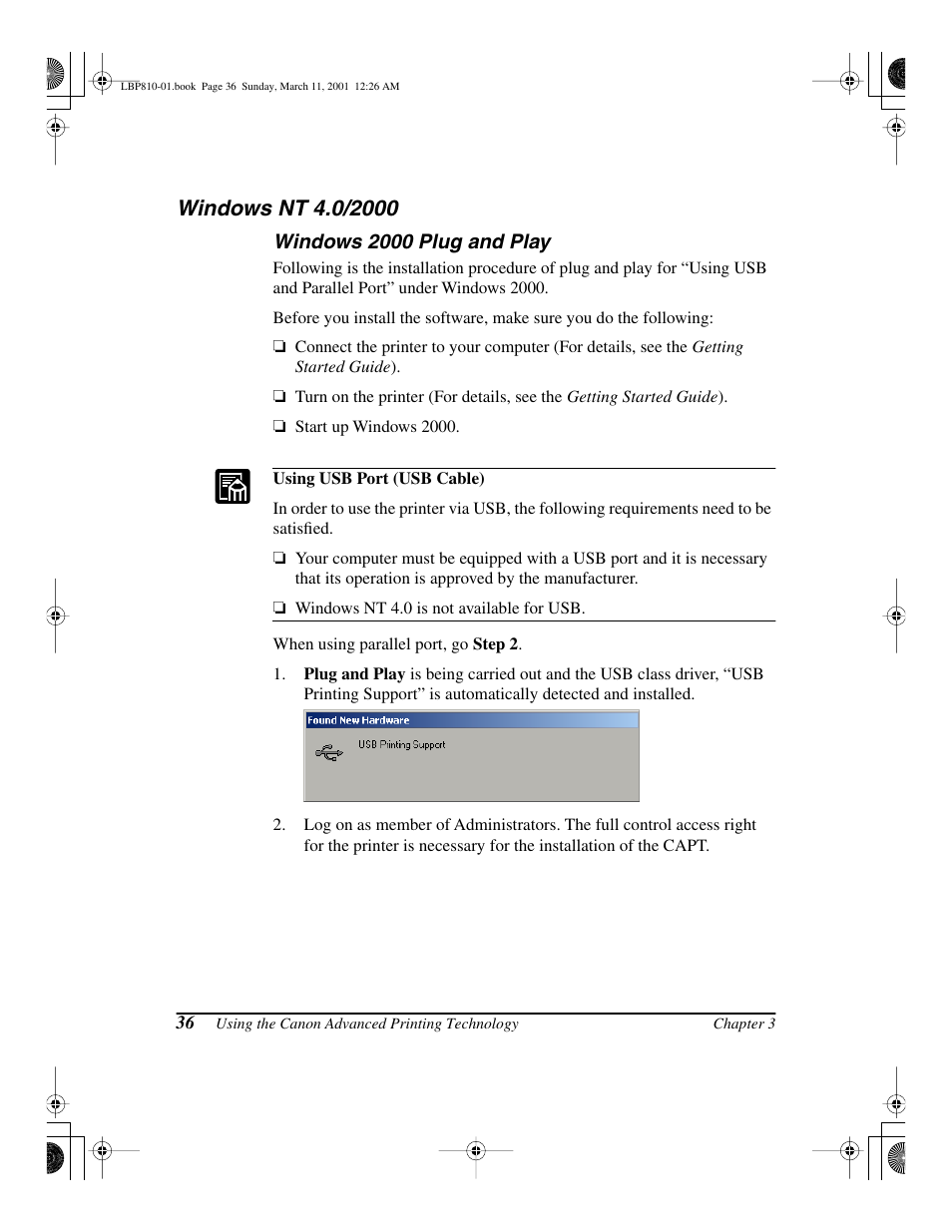 Windows nt 4.0/2000, Windows 2000 plug and play | Canon LBP-810 User Manual | Page 52 / 180