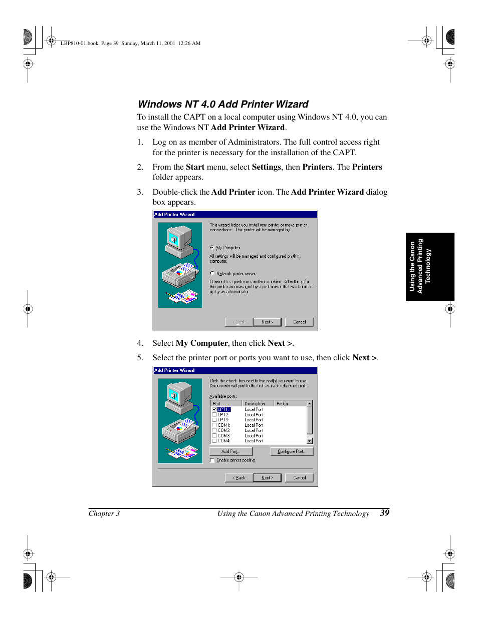 Windows nt 4.0 add printer wizard | Canon LBP-810 User Manual | Page 55 / 180