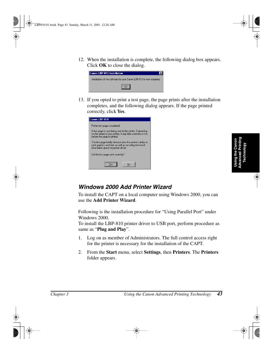 Windows 2000 add printer wizard | Canon LBP-810 User Manual | Page 59 / 180