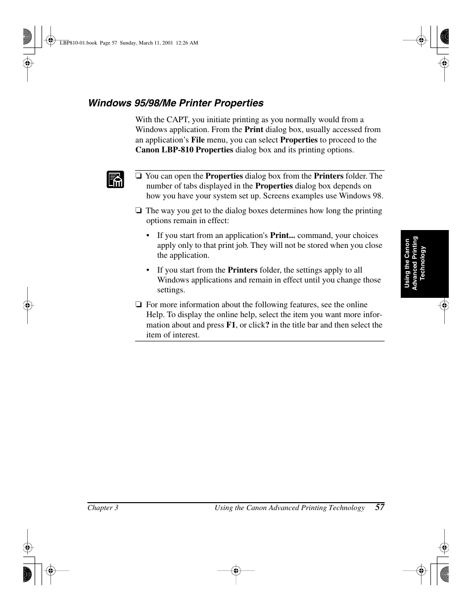 Windows 95/98/me printer properties, Using netpilot to configure your network adapter | Canon LBP-810 User Manual | Page 73 / 180