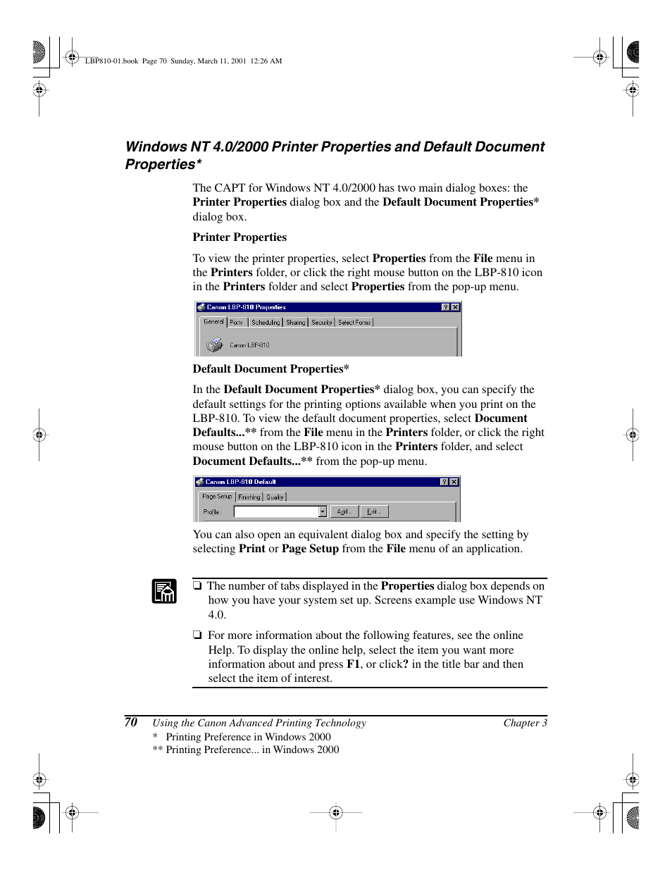 Windows, Printer, Properties | Default, Document | Canon LBP-810 User Manual | Page 86 / 180