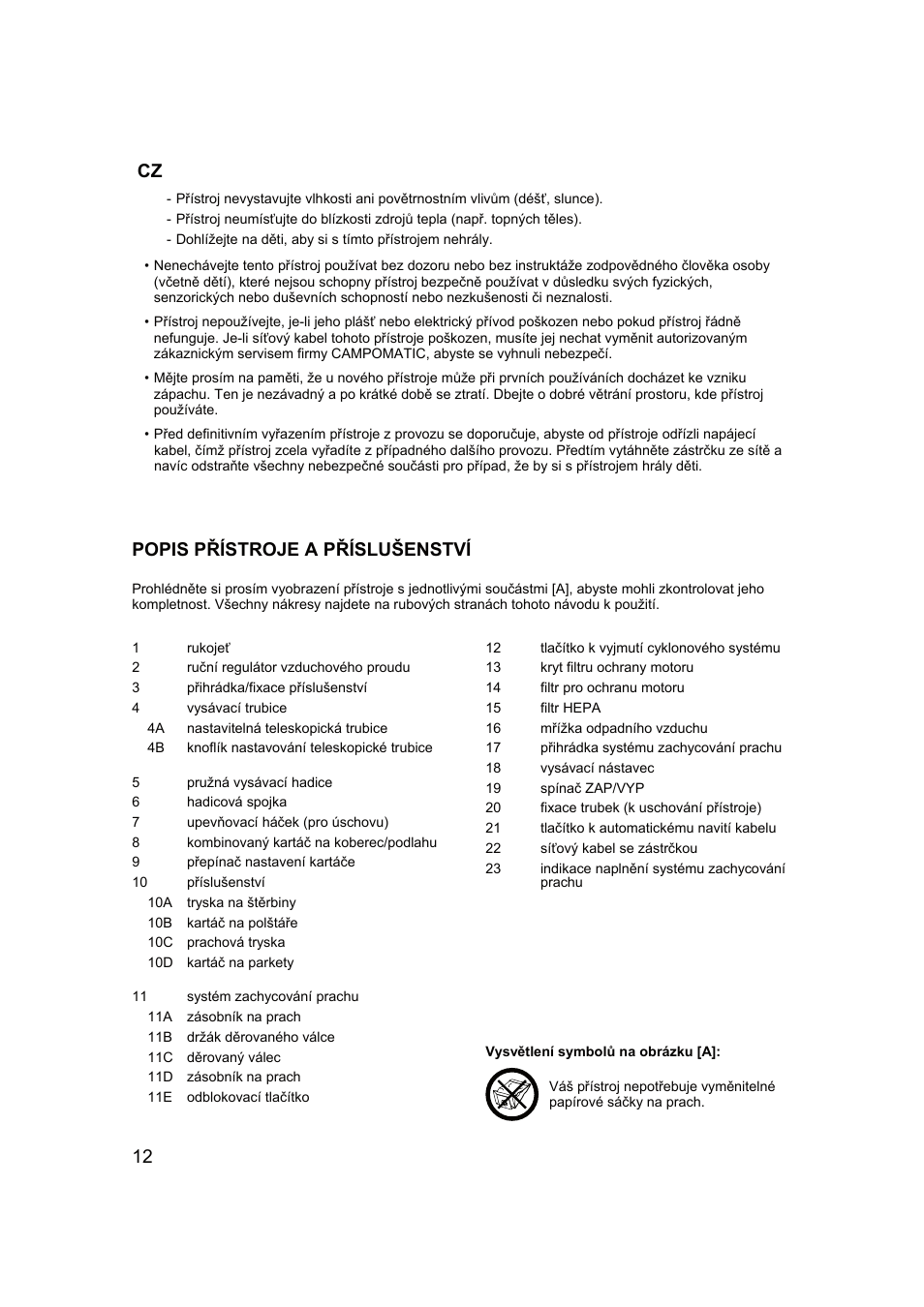 12 popis přístroje a příslušenství | Campomatic RB2200 User Manual | Page 13 / 26
