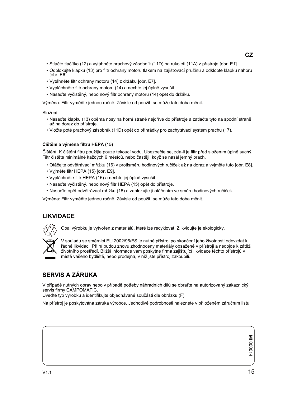 15 likvidace servis a záruka | Campomatic RB2200 User Manual | Page 16 / 26