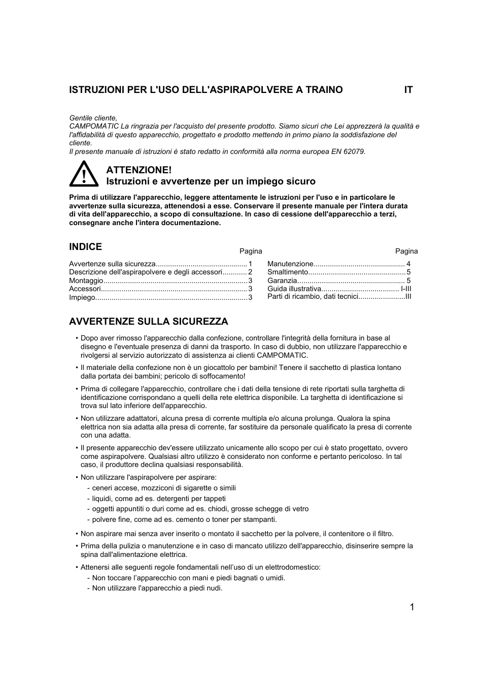 Bs jetko multicyclonic v1.1 it.pdf, Indice, Avvertenze sulla sicurezza | Campomatic RB2200 User Manual | Page 2 / 26