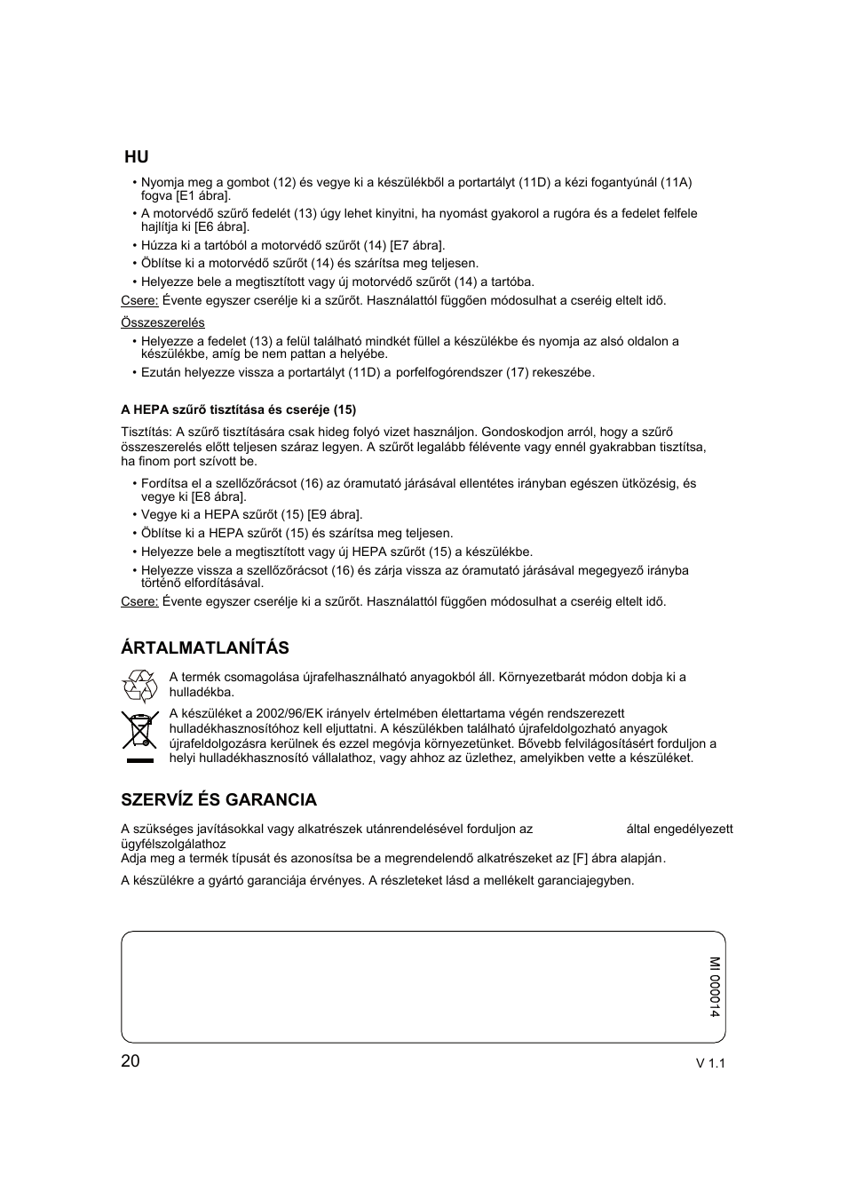 20 ártalmatlanítás szervíz és garancia | Campomatic RB2200 User Manual | Page 21 / 26