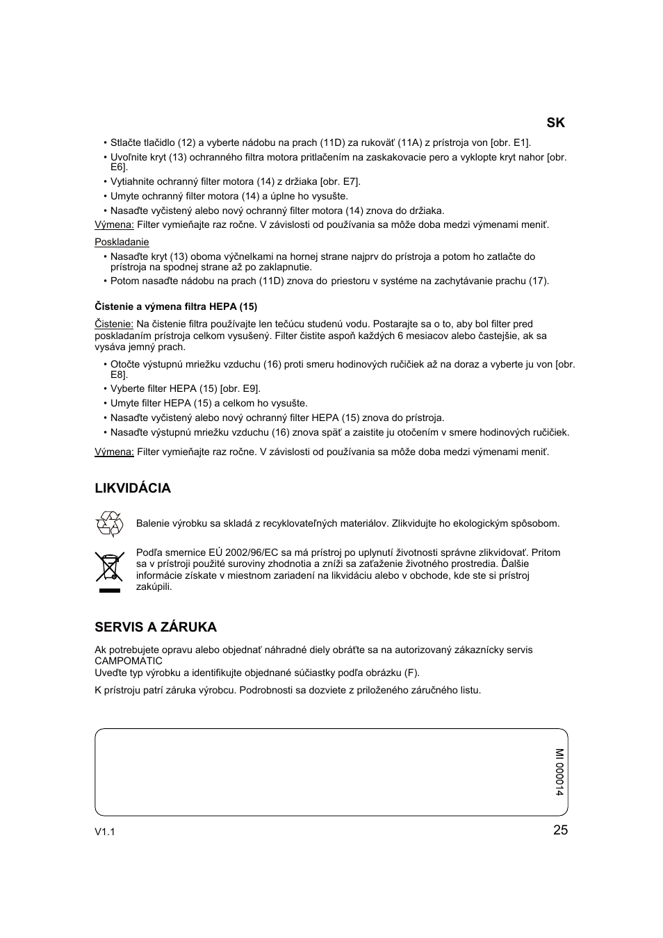 25 likvidácia servis a záruka | Campomatic RB2200 User Manual | Page 26 / 26