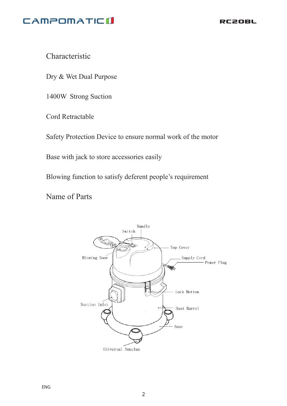 Rc20bl | Campomatic RC20BL User Manual | Page 2 / 18