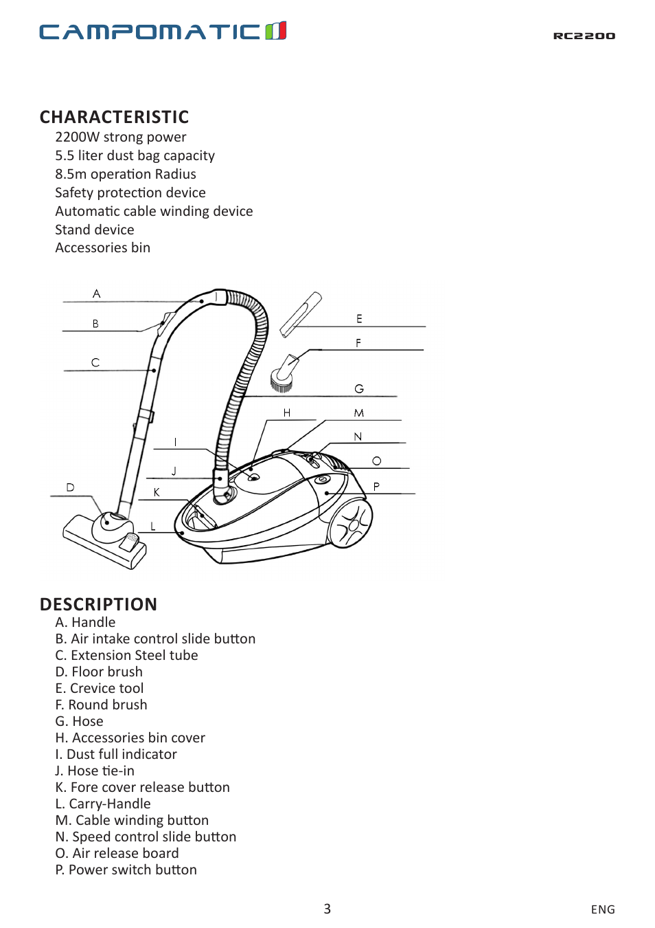 Characteristic, Description | Campomatic RC2200 User Manual | Page 3 / 10