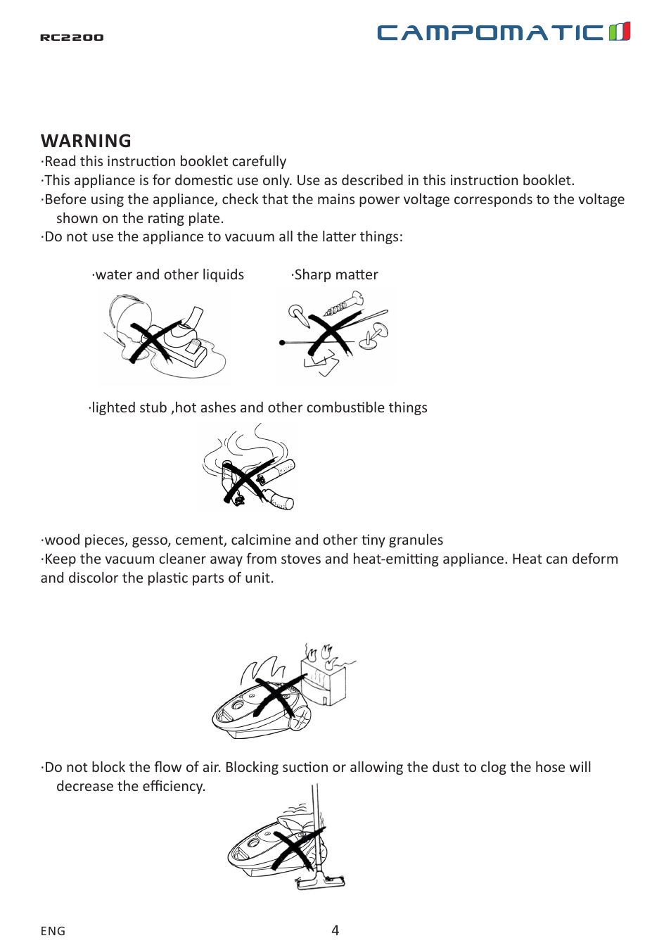 Warning | Campomatic RC2200 User Manual | Page 4 / 10