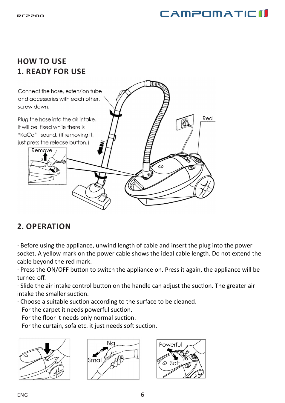 How to use 1. ready for use, Operation | Campomatic RC2200 User Manual | Page 6 / 10