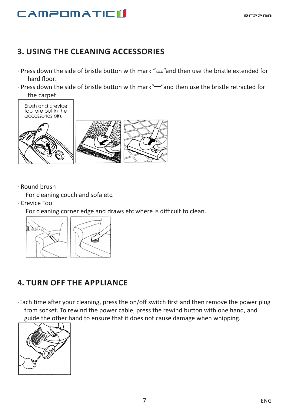 Using the cleaning accessories, Turn off the appliance | Campomatic RC2200 User Manual | Page 7 / 10