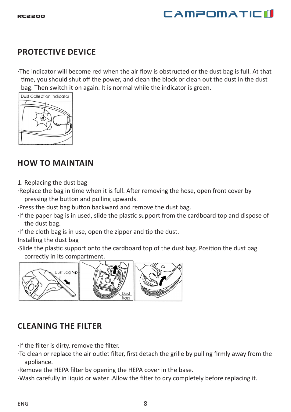 Protective device, How to maintain, Cleaning the filter | Campomatic RC2200 User Manual | Page 8 / 10