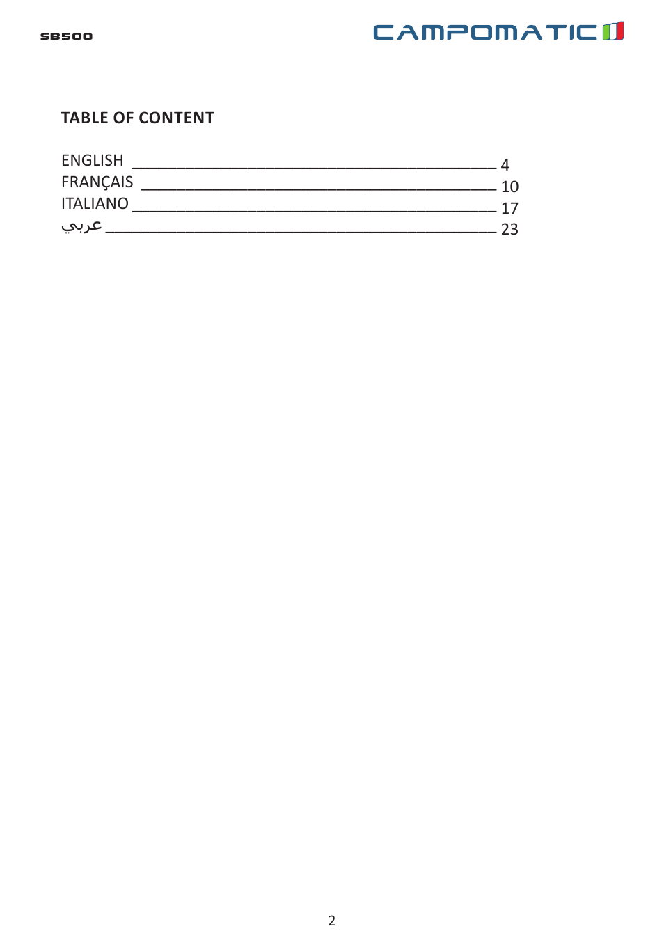Campomatic SB500 User Manual | Page 2 / 24