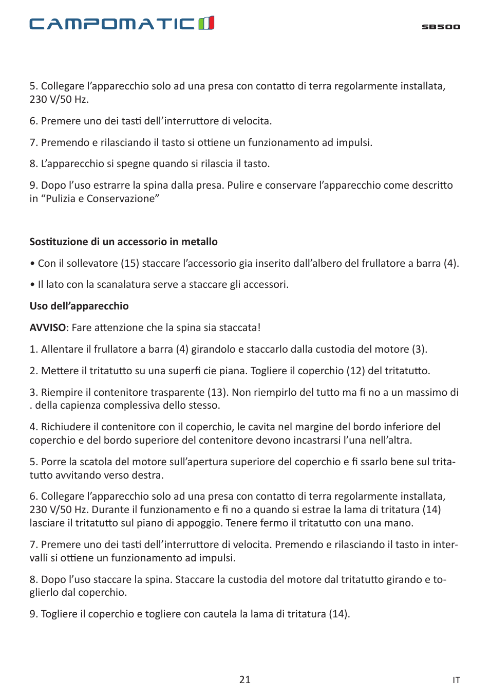 Campomatic SB500 User Manual | Page 21 / 24