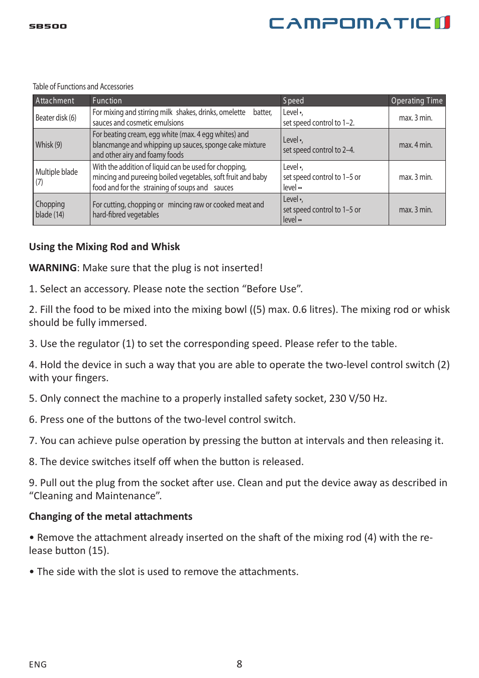 Sb500 | Campomatic SB500 User Manual | Page 8 / 24