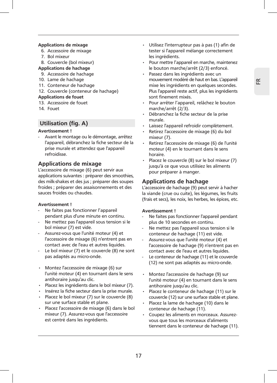 17 fr, Utilisation (fig. a), Applications de mixage | Applications de hachage | Campomatic SB850SS User Manual | Page 18 / 56