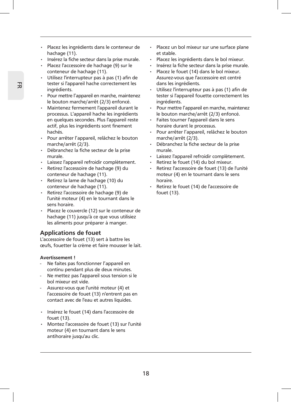 18 fr, Applications de fouet | Campomatic SB850SS User Manual | Page 19 / 56