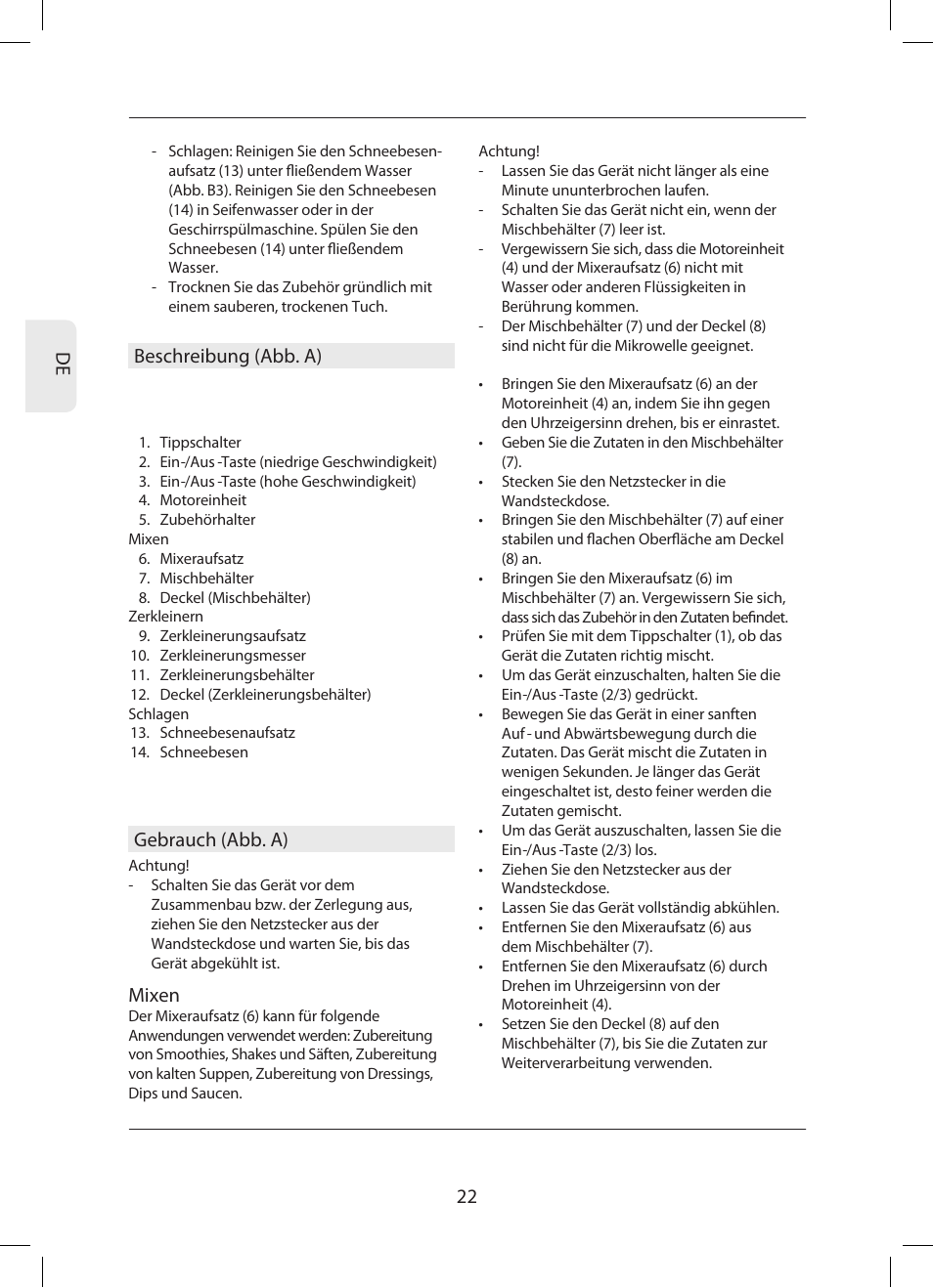 22 de, Beschreibung (abb. a), Gebrauch (abb. a) | Mixen | Campomatic SB850SS User Manual | Page 23 / 56