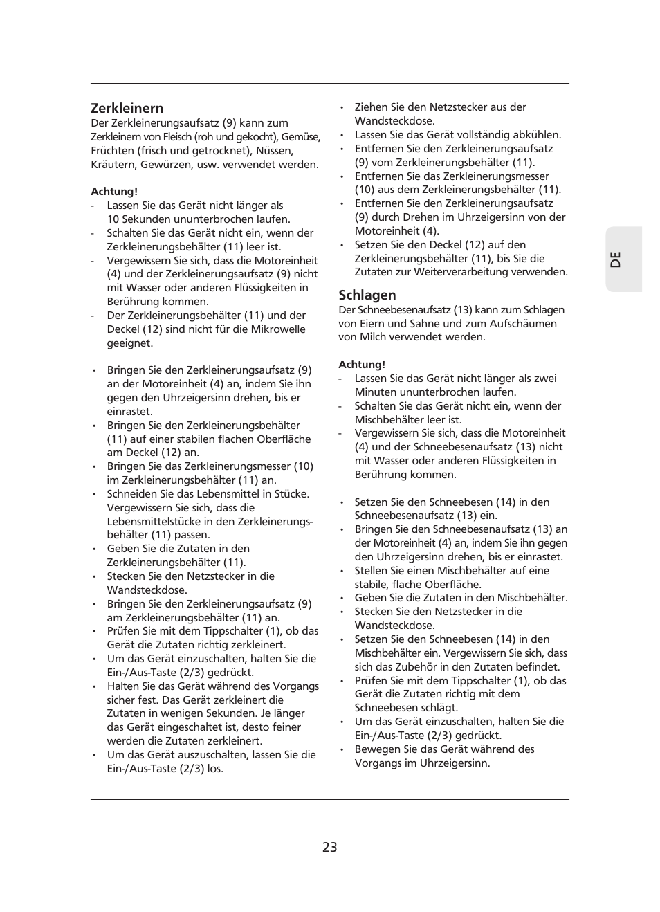 23 de zerkleinern, Schlagen | Campomatic SB850SS User Manual | Page 24 / 56