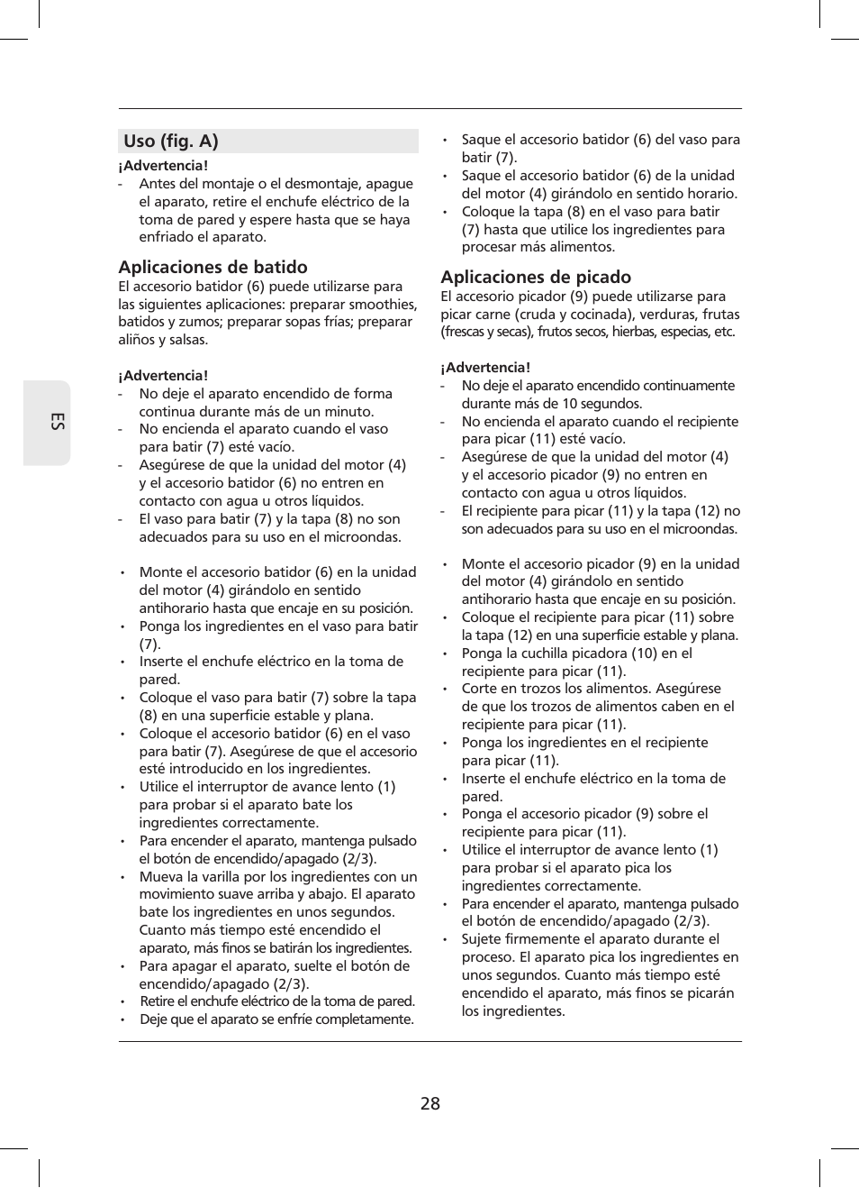 28 es uso (fig. a), Aplicaciones de batido, Aplicaciones de picado | Campomatic SB850SS User Manual | Page 29 / 56