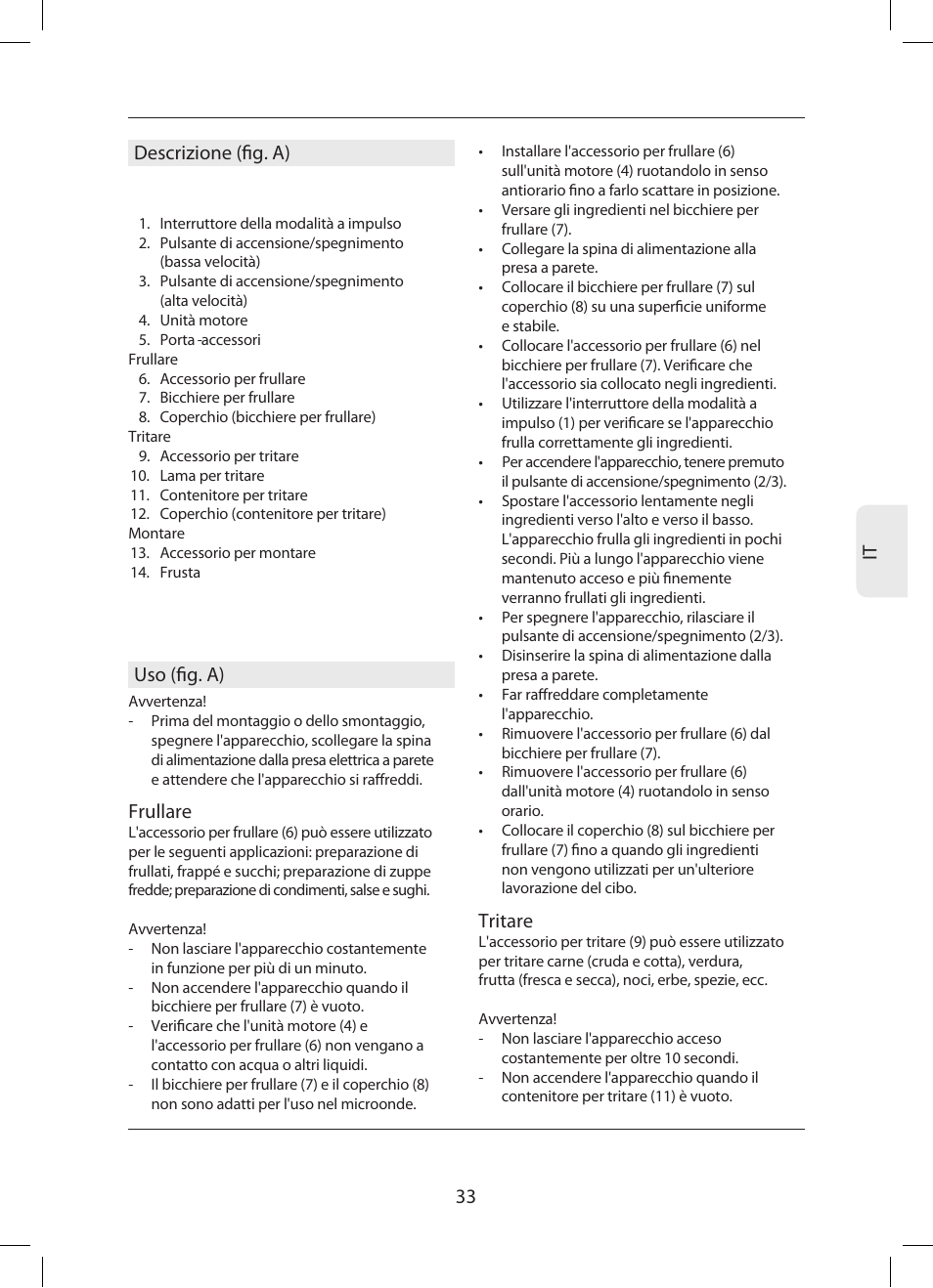 33 it descrizione (fig. a), Uso (fig. a), Frullare | Tritare | Campomatic SB850SS User Manual | Page 34 / 56