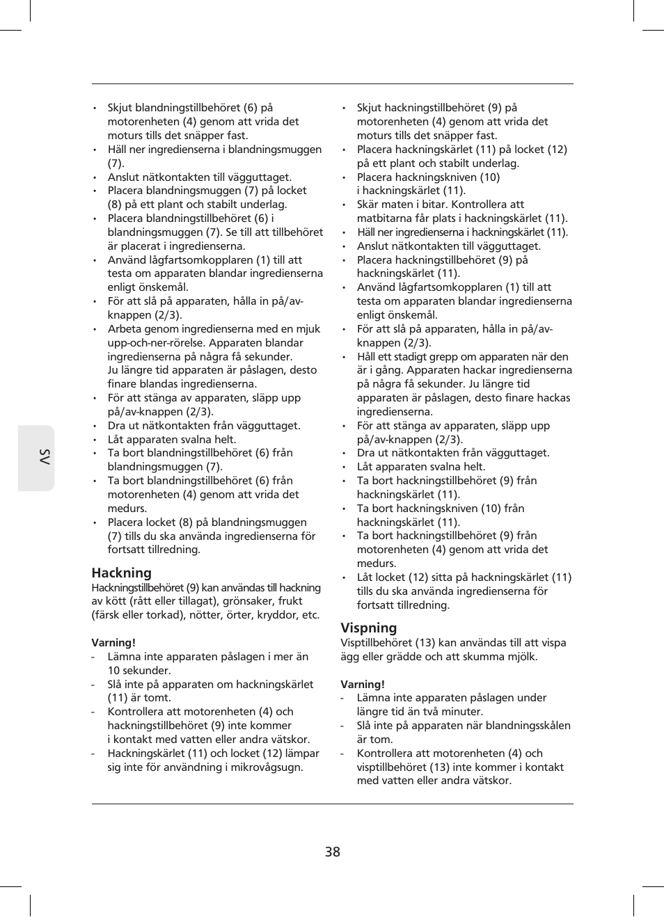 38 sv, Hackning, Vispning | Campomatic SB850SS User Manual | Page 39 / 56