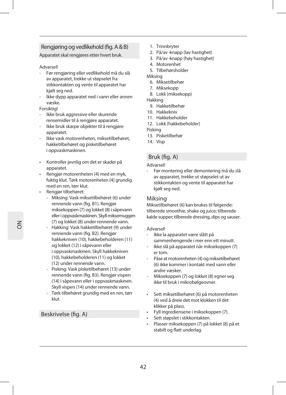 42 no rengjøring og vedlikehold (fig. a & b), Beskrivelse (fig. a), Bruk (fig. a) | Miksing | Campomatic SB850SS User Manual | Page 43 / 56