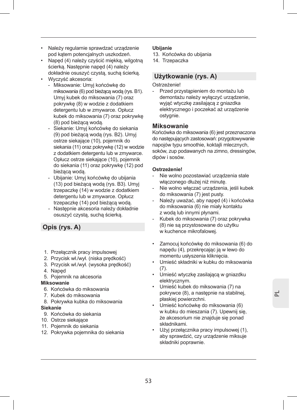 53 pl, Opis (rys. a), Użytkowanie (rys. a) | Miksowanie | Campomatic SB850SS User Manual | Page 54 / 56