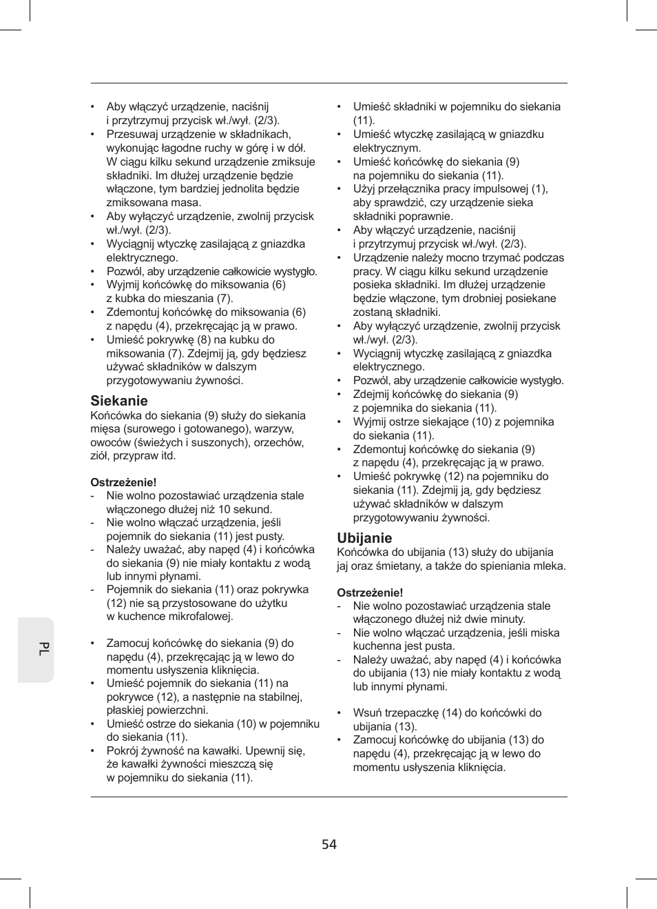 54 pl, Siekanie, Ubijanie | Campomatic SB850SS User Manual | Page 55 / 56