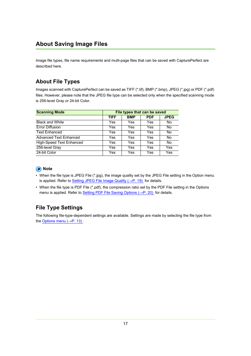 About saving image files, P. 17), About file types | File type settings | Canon Capture Perfect 3.0 User Manual | Page 17 / 70