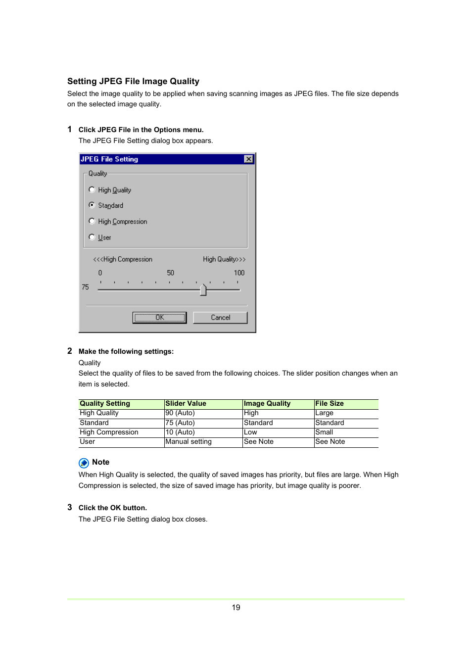 Setting jpeg file image quality, P. 19) | Canon Capture Perfect 3.0 User Manual | Page 19 / 70