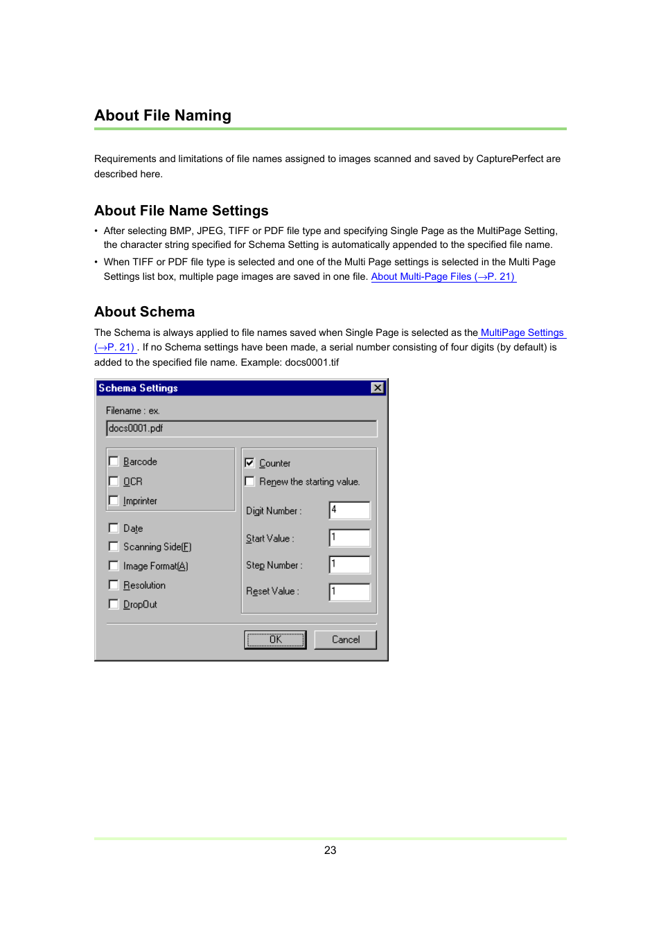 About file naming, P. 23), About schema | About file name settings | Canon Capture Perfect 3.0 User Manual | Page 23 / 70