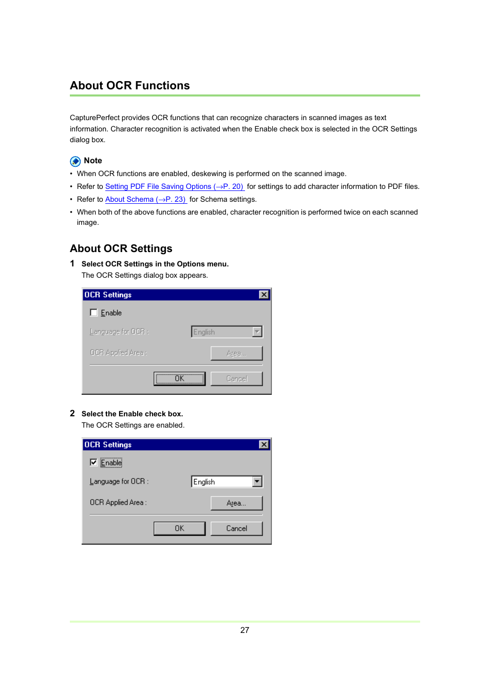 About ocr functions, P. 27), About ocr | Functions, About ocr settings | Canon Capture Perfect 3.0 User Manual | Page 27 / 70