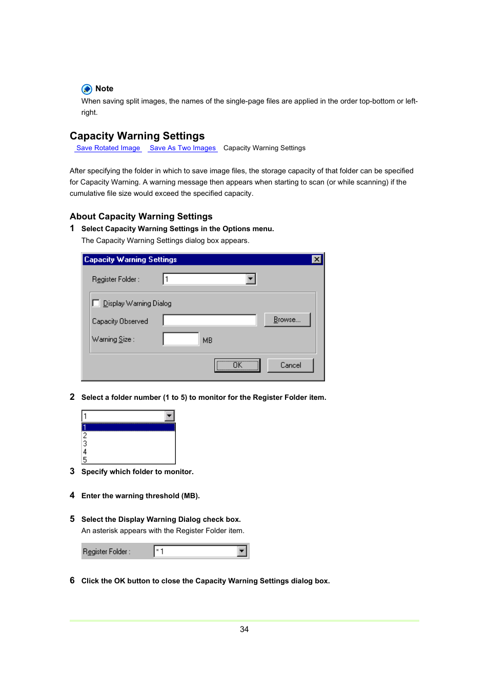 Capacity, Warning settings, P. 34) | Capacity warning settings | Canon Capture Perfect 3.0 User Manual | Page 34 / 70